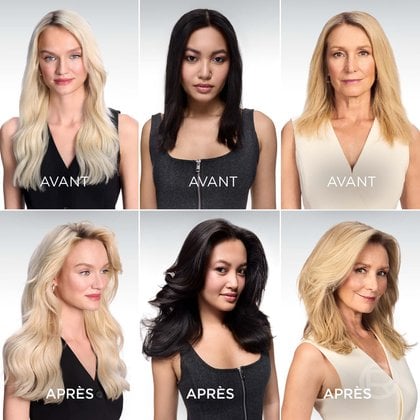 Une matrice de comparaison divisée montrant les résultats de volume et de rehaussement de cheveux « Avant » (rangée du haut) et « Après » (rangée du bas) pour trois mannequins différents.