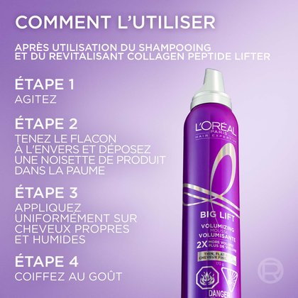 Un flacon de mousse Hair Expertise Collagen Peptide Lifter Big Lift à côté des instructions d'utilisation étape par étape : « MODE D'EMPLOI : ÉTAPE 1 BIEN AGITER, ÉTAPE 2 TENIR TÊTE EN BAS ET DÉPOSER DANS LA PAUME, ÉTAPE 3 APPLIQUER UNIFORMÉMENT SUR CHEVEUX PROPRES ET HUMIDES, ÉTAPE 4 COIFFER COMME À L'HABITUDE ».