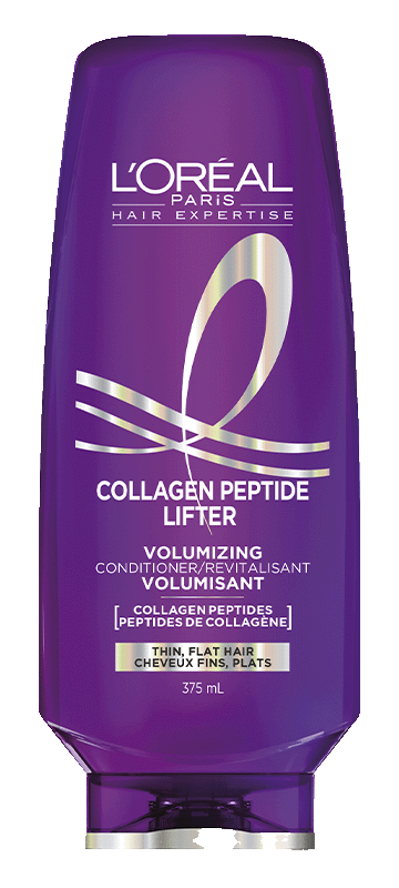 Front packshot of a purple L'Oréal Paris Hair Expertise Collagen Peptide Lifter conditioner bottle standing upright on a clean, solid white background.