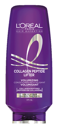 Front packshot of a purple L'Oréal Paris Hair Expertise Collagen Peptide Lifter conditioner bottle standing upright on a clean, solid white background.