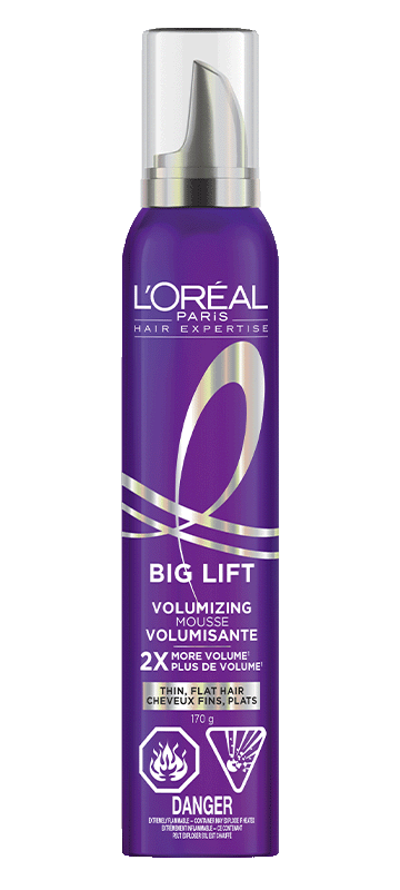 Front packshot of a purple L'Oréal Paris Hair Expertise Collagen Peptide Lifter Big Lift volumizing mousse can standing upright with its clear cap on against a solid white background.