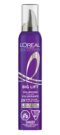Front packshot of a purple L'Oréal Paris Hair Expertise Collagen Peptide Lifter Big Lift volumizing mousse can standing upright with its clear cap on against a solid white background.