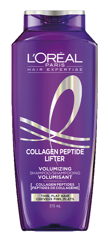Front packshot of a purple L'Oréal Paris Hair Expertise Collagen Peptide Lifter shampoo bottle standing upright on a clean, solid white background.