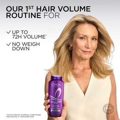 The complete L'Oréal Paris Hair Expertise Collagen Peptide Lifter product range (including Volumizing Shampoo, Volumizing Conditioner, Volumizing Dry Shampoo, and Volumizing Mousse) arranged on a purple background with the heading "GET THE INSTANT VOLUME LIFT ROUTINE".