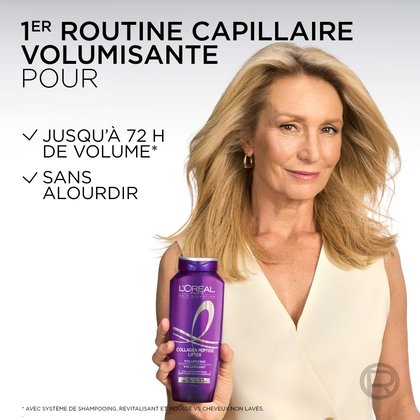 La gamme complète de produits L'Oréal Paris Hair Expertise Collagen Peptide Lifter (comprenant le shampooing volumateur, l'après-shampooing volumateur, le shampooing sec volumateur et la mousse volumatrice) disposée sur un fond violet avec le titre : « OBTENEZ LA ROUTINE INSTANTANÉE VOLUME ET REHAUSSEMENT ».