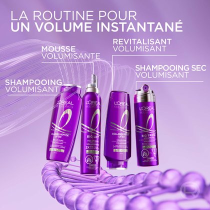 Un flacon de shampooing violet Hair Expertise Collagen Peptide Lifter présenté sur un fond dégradé violet doux mettant en valeur l'emballage éco-conçu, avec le texte : « NOTRE PLANÈTE EN VAUT LA PEINE : FLACON ÉCO-CONÇU, 100 % PLASTIQUE RECYCLÉ, 25 % DE PLASTIQUE EN MOINS ».