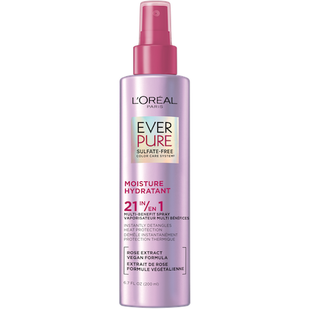 A front-facing studio shot of the L'Oréal Paris EverPure Moisture 21-in-1 Multi-Benefit Leave-In Conditioner spray bottle (200ml) in its signature metallic purple packaging.
