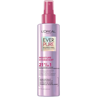 Vue de face du flacon pulvérisateur de soin sans rinçage multi-bénéfices EverPure Moisture 21-en-1 de L'Oréal Paris (200 ml) dans son emballage violet métallique signature.