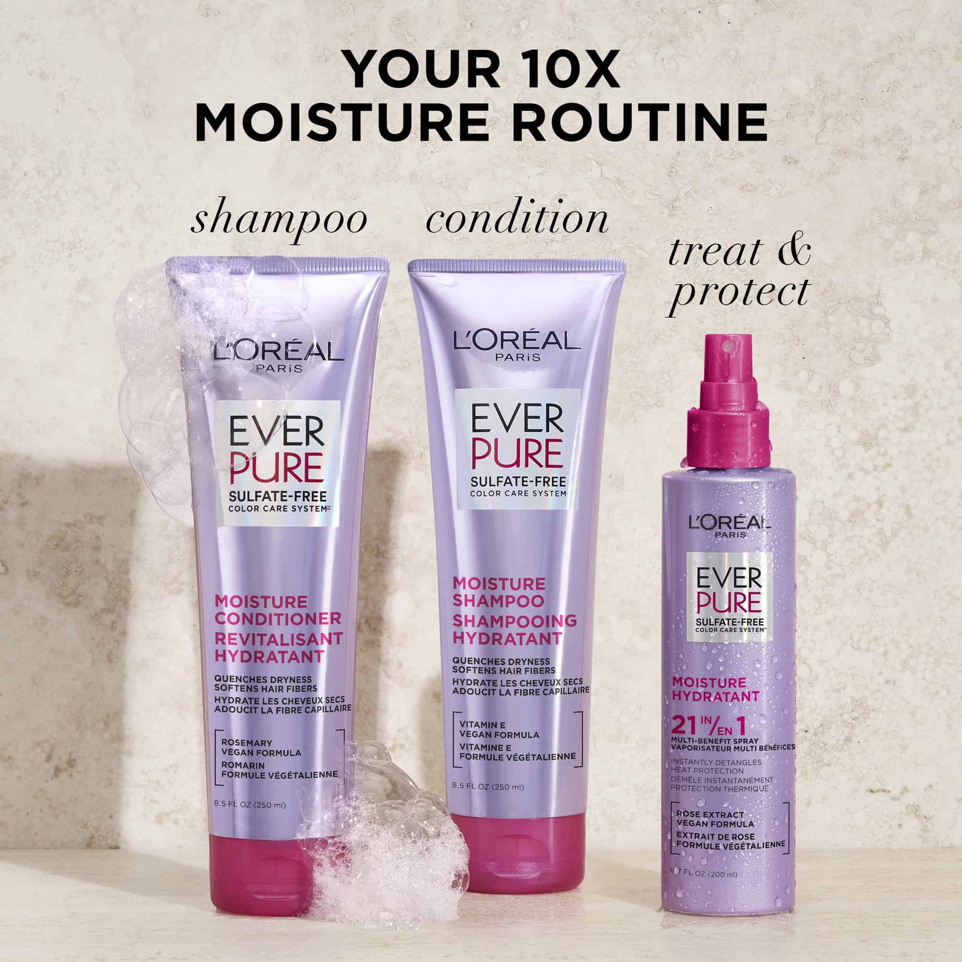 An infographic titled "Your 10X Moisture Routine" displaying the full EverPure Moisture system: Sulfate-Free Shampoo (Step 1), Conditioner (Step 2), and the 21-in-1 Spray (Treat & Protect).