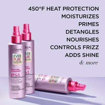 A lifestyle shot of the 21-in-1 spray bottles with a list of benefits including 450°F Heat Protection, Moisturizes, Primes, Detangles, Nourishes, Controls Frizz, and Adds Shine.