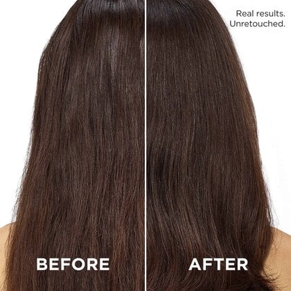 A split-screen comparison showing a model's hair "Before" (dry and frizzy) and "After" using the 21-in-1 spray (smooth, shiny, and hydrated). Text indicates results from an instrumental test.