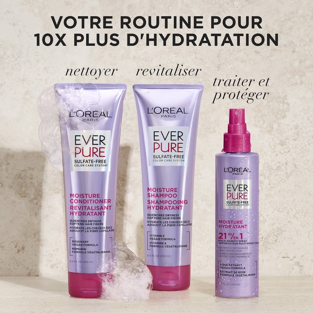 Un graphique intitulé « Votre routine hydratation 10X » présentant le système complet EverPure Moisture : shampooing sans sulfate (étape 1), revitalisant (étape 2) et le spray 21-en-1 (traiter et protéger).