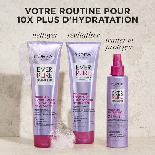 Un graphique intitulé « Votre routine hydratation 10X » présentant le système complet EverPure Moisture : shampooing sans sulfate (étape 1), revitalisant (étape 2) et le spray 21-en-1 (traiter et protéger).