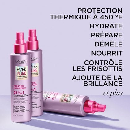 Une photo de style de vie des flacons pulvérisateurs 21-en-1 avec une liste de bénéfices incluant une protection thermique à 450 °F, hydrate, prépare, démêle, nourrit, contrôle les frisottis et ajoute de la brillance.