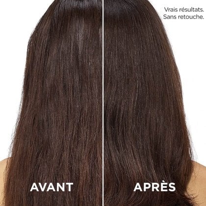 Une comparaison sur écran divisé montrant les cheveux d'un mannequin « Avant » (secs et frisés) et « Après » l'utilisation du spray 21-en-1 (lisses, brillants et hydratés). Le texte indique les résultats d'un test instrumental.