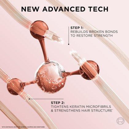A 3D molecular diagram illustrating "New Advanced Tech." Step 1: Rebuild broken bonds. Step 2: Seal the keratin micro-fibers to strengthen hair structure.
