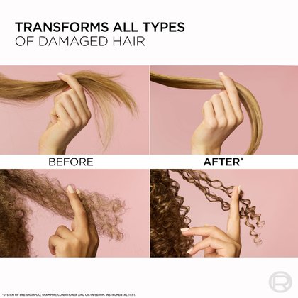 comparison photos showing a "Before" shot of frizzy, damaged hair and an "After" shot showing sleek, smooth hair after using the Bond Repair treatment.