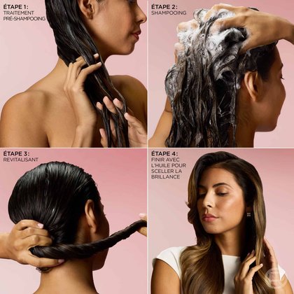Un visuel pédagogique en quatre panneaux montrant une femme appliquant la routine Bond Repair par étapes : pré-shampooing, shampooing, revitalisant et huile de finition.