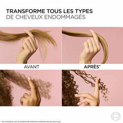 Photos comparatives montrant un cliché « Avant » de cheveux crépus et abîmés et un cliché « Après » montrant des cheveux soyeux et lisses après l'utilisation du traitement Bond Repair.