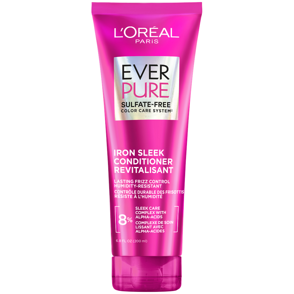 Vue de face du tube de revitalisant sans sulfate EverPure Iron Sleek de L'Oréal Paris (200 ml), présentant les étiquettes « Alpha-Acides » et « Résistance à l'humidité ».