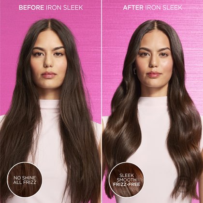 A comparison panel showing a brunette model with puffy, frizzy "Before" hair and a "After Iron Sleek" result showing sleek, manageable waves.