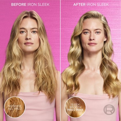 A comparison panel showing a blonde model with dull, frizzy "Before" hair and a "After Iron Sleek" result showing smooth, shiny, and frizz-free hair.