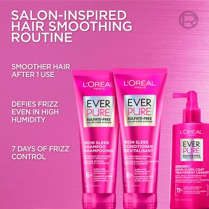 The 3-step Iron Sleek routine displayed together: Shampoo, Conditioner, and the Iron Sleek Coat spray. Text highlights "Salon-inspired hair smoothing routine" and "Defies frizz even in high humidity."