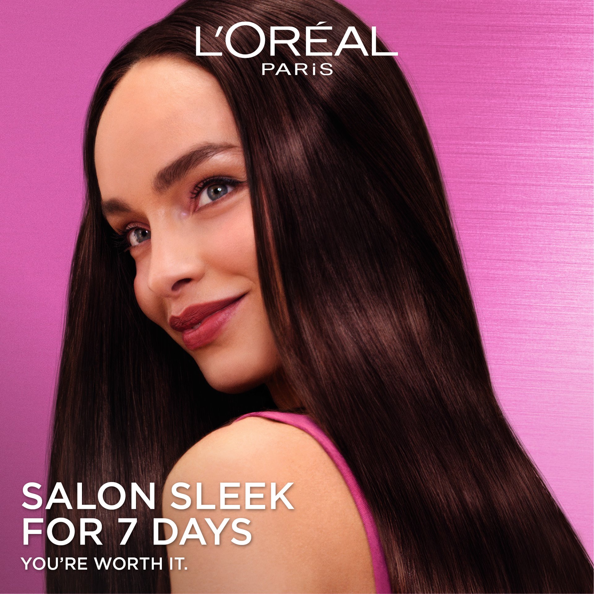 A model with exceptionally smooth, long dark hair. Text overlay states: "Salon Sleek for 7 Days."