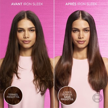 Panneau comparatif montrant une mannequin avec des cheveux frisés dans la section « Avant » et un résultat « Après Iron Sleek » montrant des cheveux parfaitement lisses et soignés.