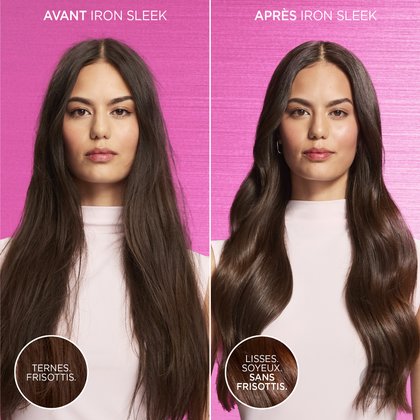 Panneau comparatif montrant une mannequin brune avec des cheveux gonflés et frisés « Avant » et un résultat « Après Iron Sleek » montrant des ondulations lisses et maniables.