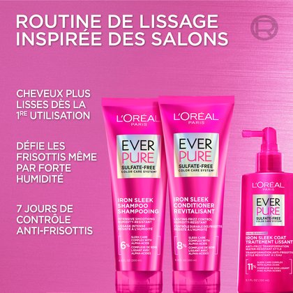 Présentation de la routine Iron Sleek en 3 étapes : shampooing, revitalisant et vaporisateur Sleek Coat. Le texte souligne une « routine de lissage inspirée des salons » qui « défie les frisottis même en cas de forte humidité ».