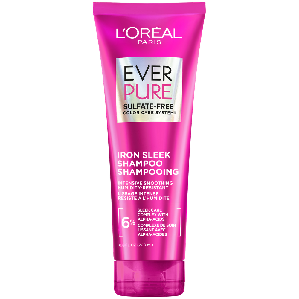 A front-facing studio shot of the L'Oréal Paris EverPure Iron Sleek Sulfate-Free Shampoo 200ml tube, highlighting the "Alpha-Acids" and "Humidity Resistant" claims for frizzy hair.