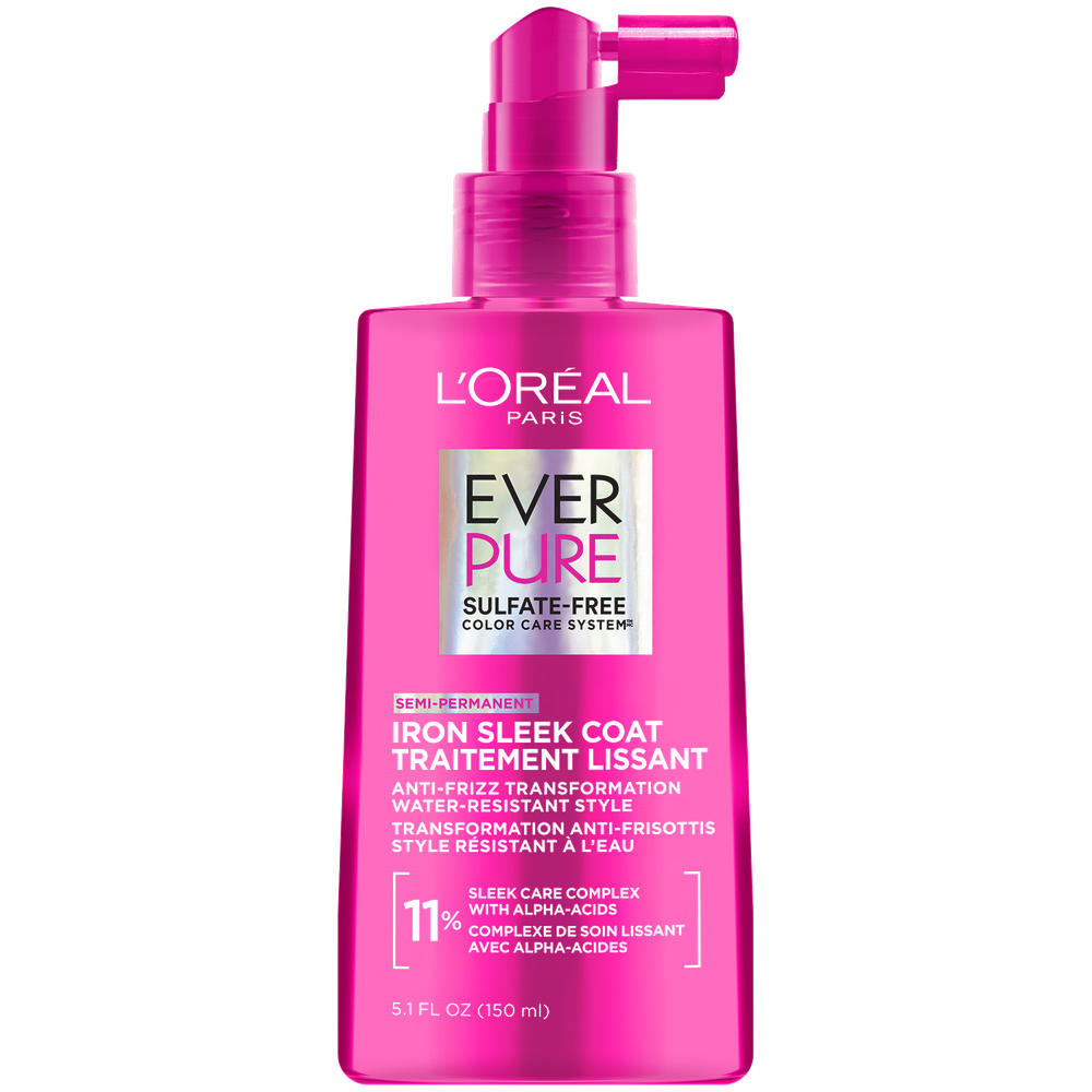 Vue de face du flacon pulvérisateur du Traitement Lissant Semi-Permanent EverPure Iron Sleek de L'Oréal Paris (150 ml), mettant en avant le « Complexe de soin lissant à 11 % » et les « Alpha-Acides ».