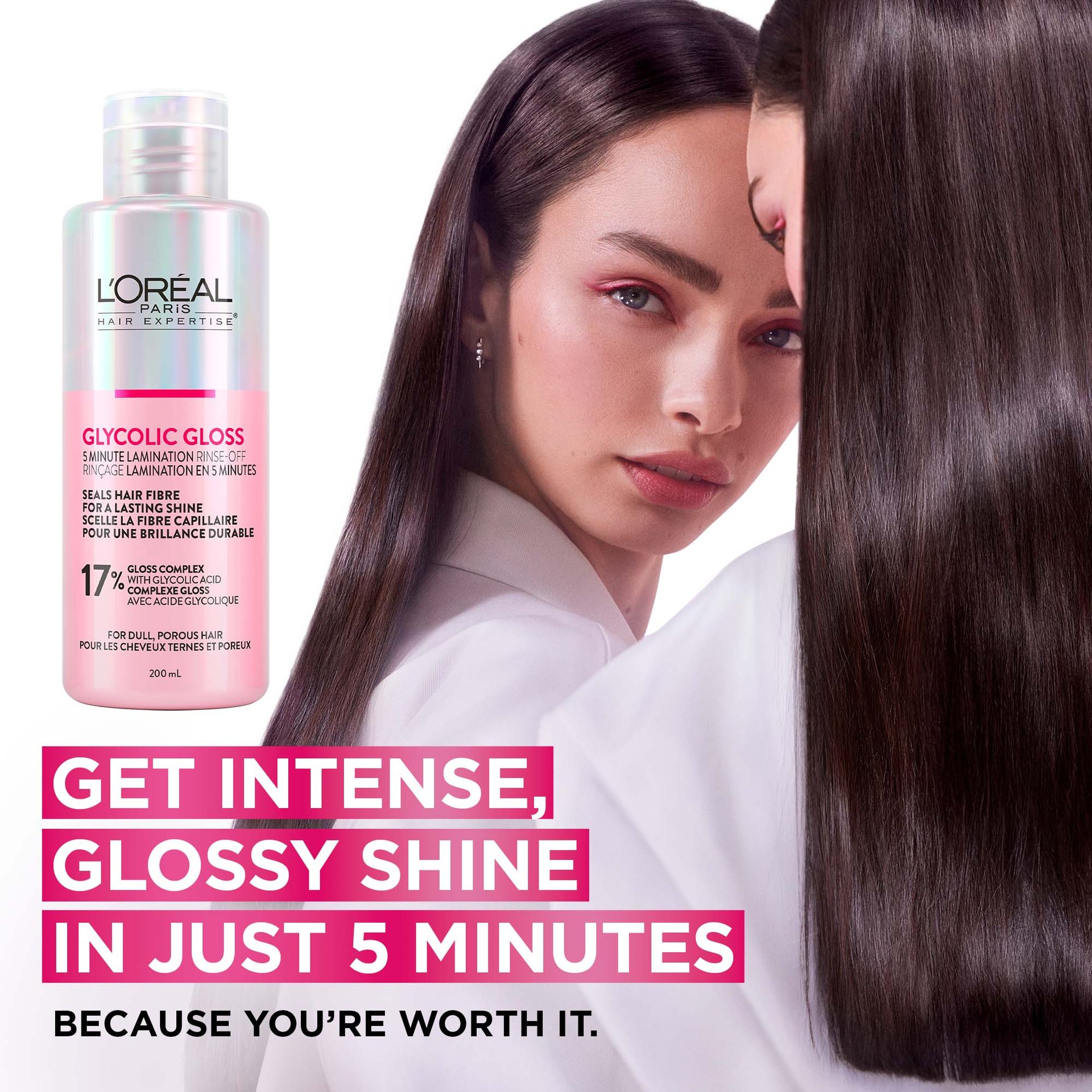 L'Oréal Paris Hair Expertise Glycolic Gloss Shine 5 Minute Lamination Treatement, Main Claim