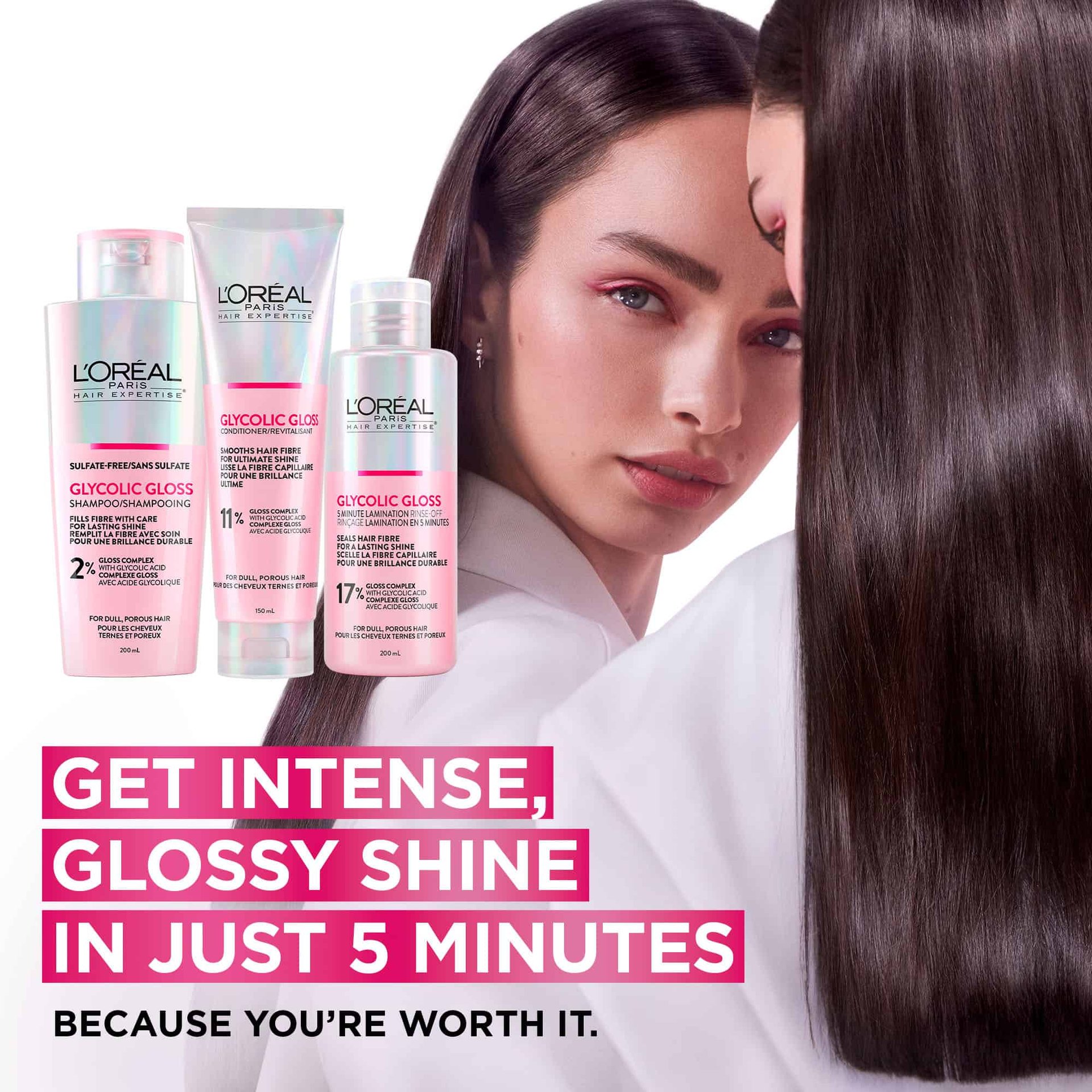 L'Oréal Paris Hair Expertise Glycolic Gloss Shine Trio Set, Main Claim