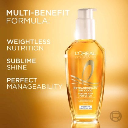 A close-up shot of the gold bottle of L'Oréal Paris Extraordinary Oil. To the left, white text outlines the "Multi-benefit formula: Weightless nutrition, sublime shine, perfect manageability".