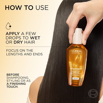 A hand holding the L'Oréal Paris Extraordinary Oil bottle against smooth, straight dark hair. On the left, a "How to Use" guide instructs to "Apply a few drops to wet or dry hair, focus on the lengths and ends, before styling or finishing touch".