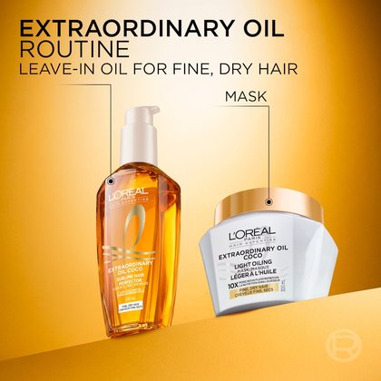 The L'Oréal Paris Extraordinary Oil Routine featuring the gold leave-in oil bottle next to a white and gold hair mask jar on a split warm-orange and white background. The header reads "Extraordinary Oil Routine: Leave-in oil for fine, dry hair".