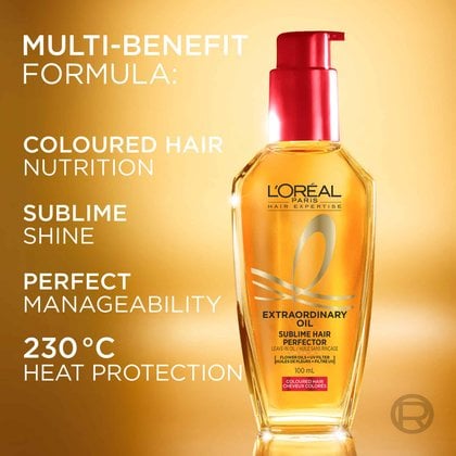 A close-up shot of the gold bottle of L'Oréal Paris Extraordinary Oil. To the left, white text outlines the "Multi-benefit formula: Coloured hair nutrition, sublime shine, perfect manageability, 230°C heat protection".