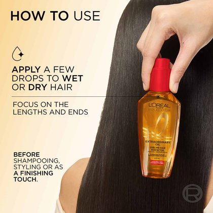A hand holding the L'Oréal Paris Extraordinary Oil bottle against smooth, straight dark hair. On the left, a "How to Use" guide instructs to "Apply a few drops to wet or dry hair, focus on the lengths and ends, before styling or finishing touch".