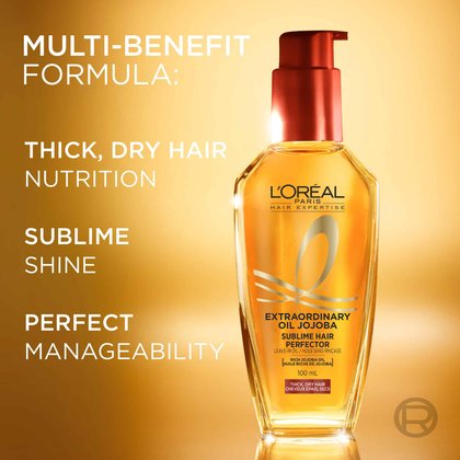 A close-up shot of the gold bottle of L'Oréal Paris Extraordinary Oil with a dark bronze pump. To the left, white text outlines the "Multi-benefit formula: Thick, dry hair nutrition, sublime shine, perfect manageability".