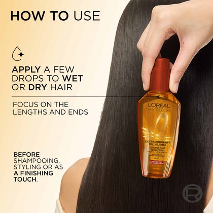 A hand holding the L'Oréal Paris Extraordinary Oil Jojoba bottle against smooth, straight dark hair. On the left, a "How to Use" guide instructs to "Apply a few drops to wet or dry hair, focus on the lengths and ends, before styling or finishing touch".