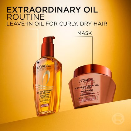 The L'Oréal Paris Extraordinary Oil Routine featuring the gold leave-in Jojoba oil bottle next to a brown-gold hair mask jar on a split warm-orange and white background. The header reads "Extraordinary Oil Routine: Leave-in oil for curly, dry hair".