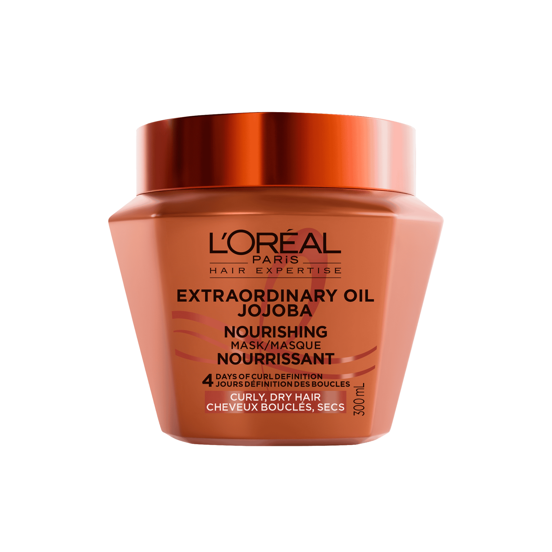 A studio shot of the orange jar of L'Oréal Paris Hair Expertise Extraordinary Oil Jojoba Nourishing Hair Mask on a white background, featuring a shiny dark-orange metallic lid.