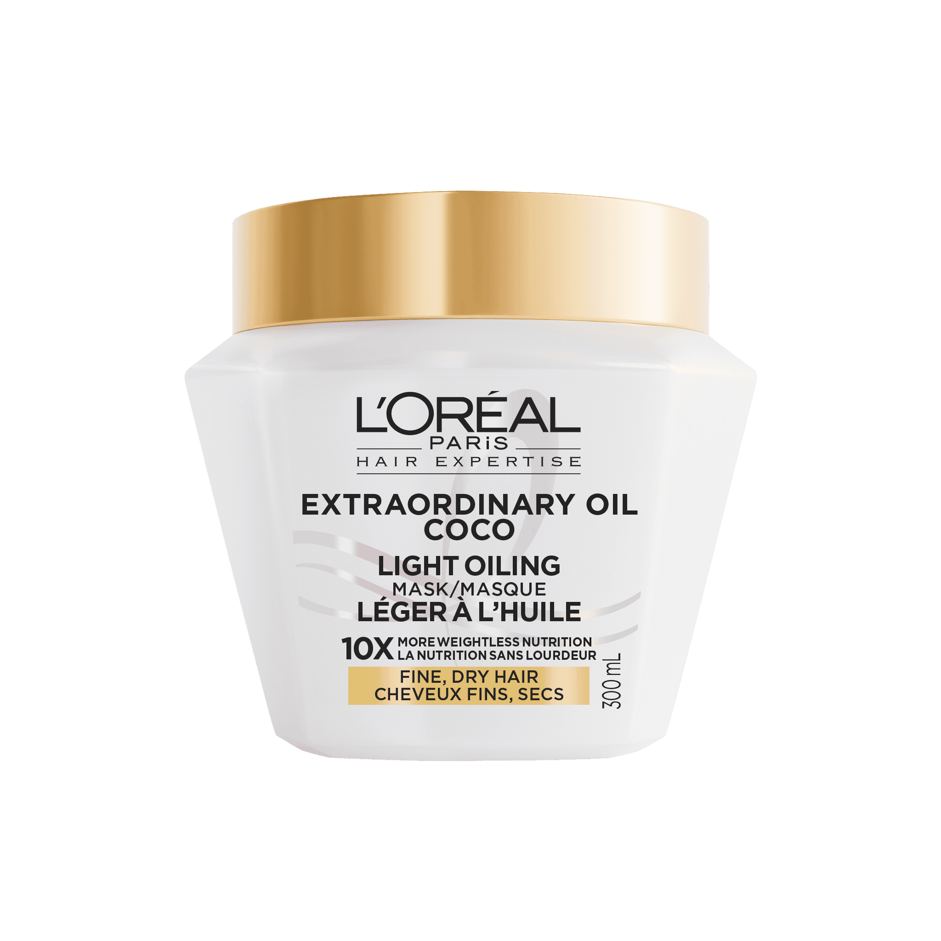 A studio shot of the white jar of L'Oréal Paris Hair Expertise Extraordinary Oil Coco Light Oil Hair Mask on a white background, featuring a shiny gold lid.