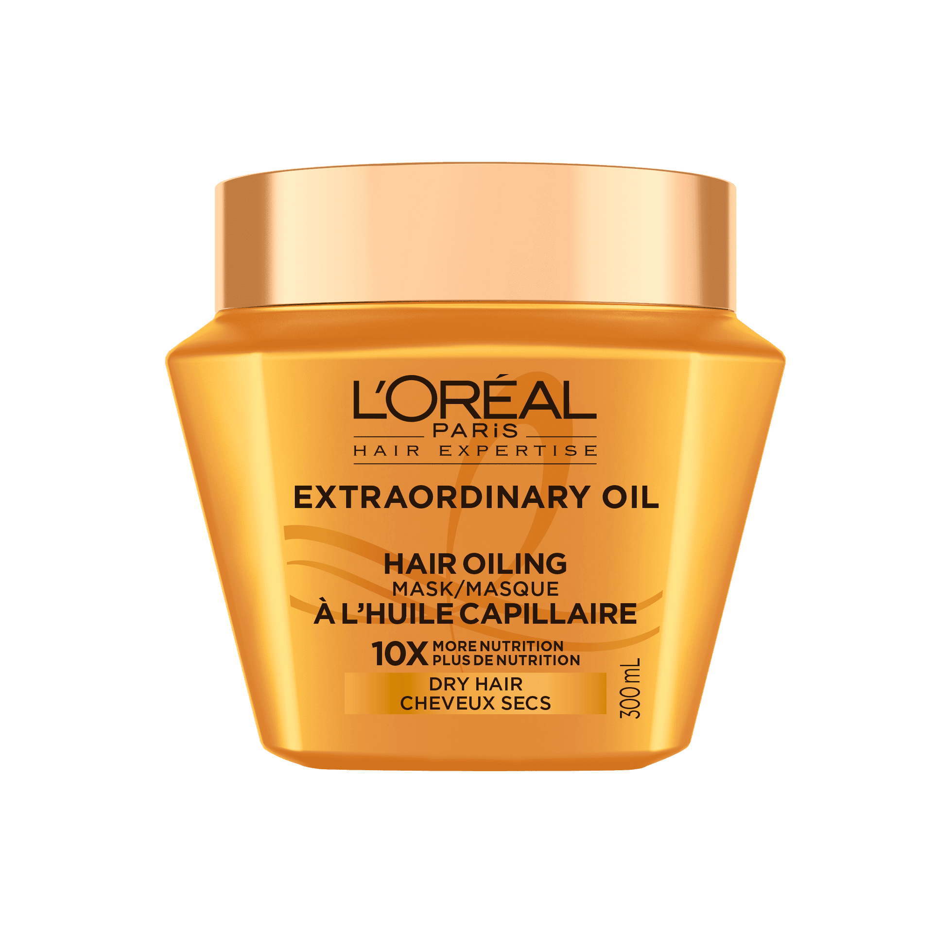 A studio shot of the gold translucent jar of L'Oréal Paris Hair Expertise Extraordinary Oil Hair Oiling Mask on a white background, featuring a shiny gold metallic lid.