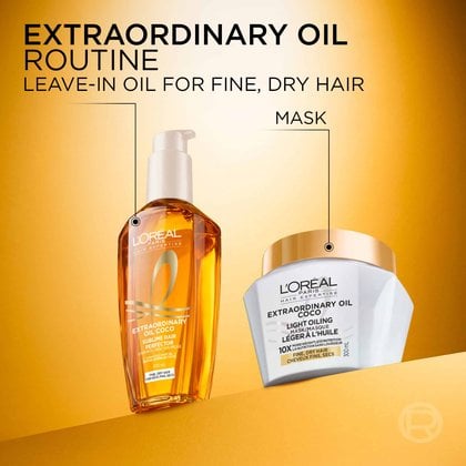 The L'Oréal Paris Extraordinary Oil Routine for fine, dry hair on a gold background, featuring the leave-in oil bottle on the left and the Coco Light Oil Mask jar on the right.