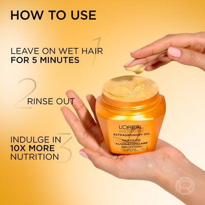 Hands holding the gold mask jar and taking a scoop of smooth yellow cream. On the left, step-by-step instructions read: "How to use: 1. Leave on wet hair for 3 minutes, 2. Rinse out, results of 3hr nutrition in 3 minutes".