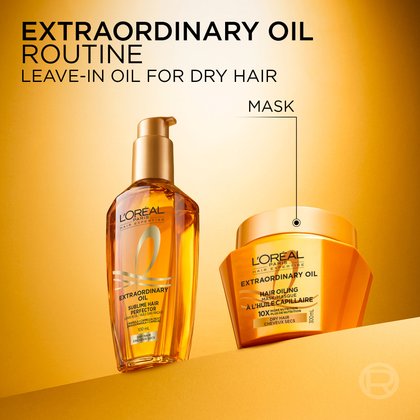 The L'Oréal Paris Extraordinary Oil Routine for dry hair on a warm gold background, featuring the leave-in oil bottle on the left and the Hair Oiling Mask jar on the right.
