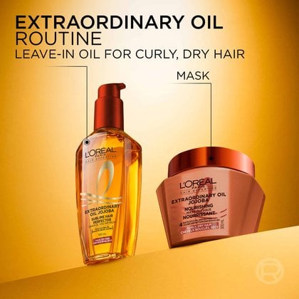 The L'Oréal Paris Extraordinary Oil Routine for curly, dry hair on a gold background, featuring the leave-in oil bottle on the left and the Jojoba Nourishing Mask jar on the right.